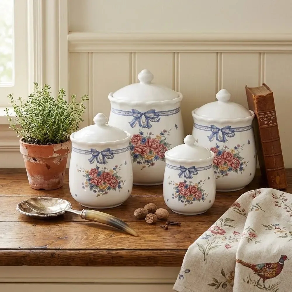 four ceramic kitchen canisters floral bouquet blue ribbon bow 90s cotton prairie
